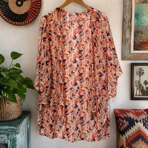 Bluheaven Women's S Tropical Leaf Kimono Cardigan Sheer Swim Cover Up Orange